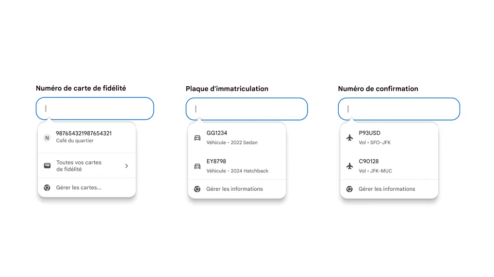 Expérience utilisateur de la saisie automatique représentée avec la saisie de données d'une carte de fidélité, d'une plaque d'immatriculation et d'une confirmation de vol.